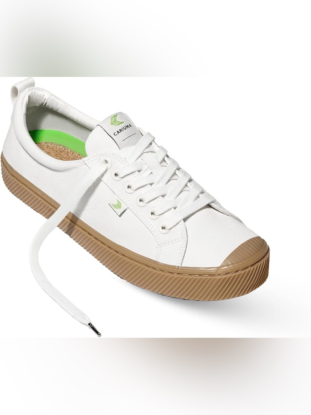 Cariuma White Canvas Sneaker with Gum Sole and Green Accents